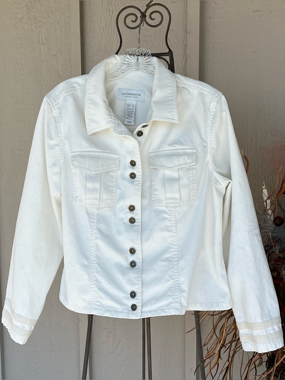 Vintage Liz Claiborne Ivory White Unique Double Button Front Jean Jacket L